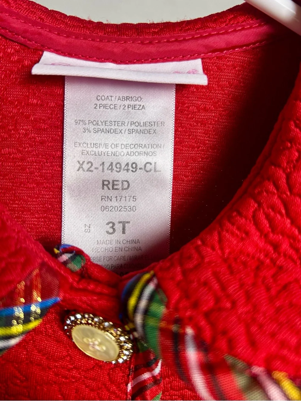 Bonnie Jean Girls Red Christmas Dress Coat 3T Tartan Trim Holiday